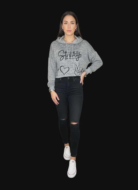 "She Is Strong" Cropped Fleece Hoodie (Proverbs 31:25)