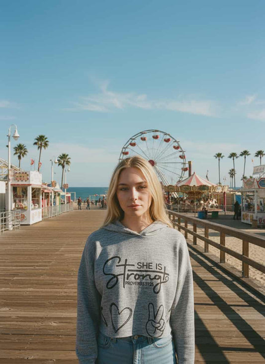 "She Is Strong" Cropped Fleece Hoodie (Proverbs 31:25)