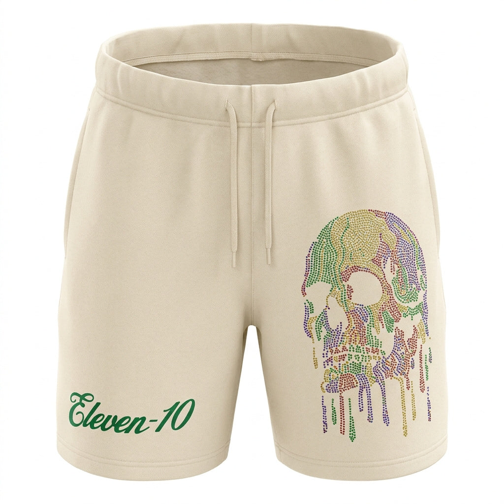Eleven‑10 Drip Skull Rhinestone Shorts – Cream Edition