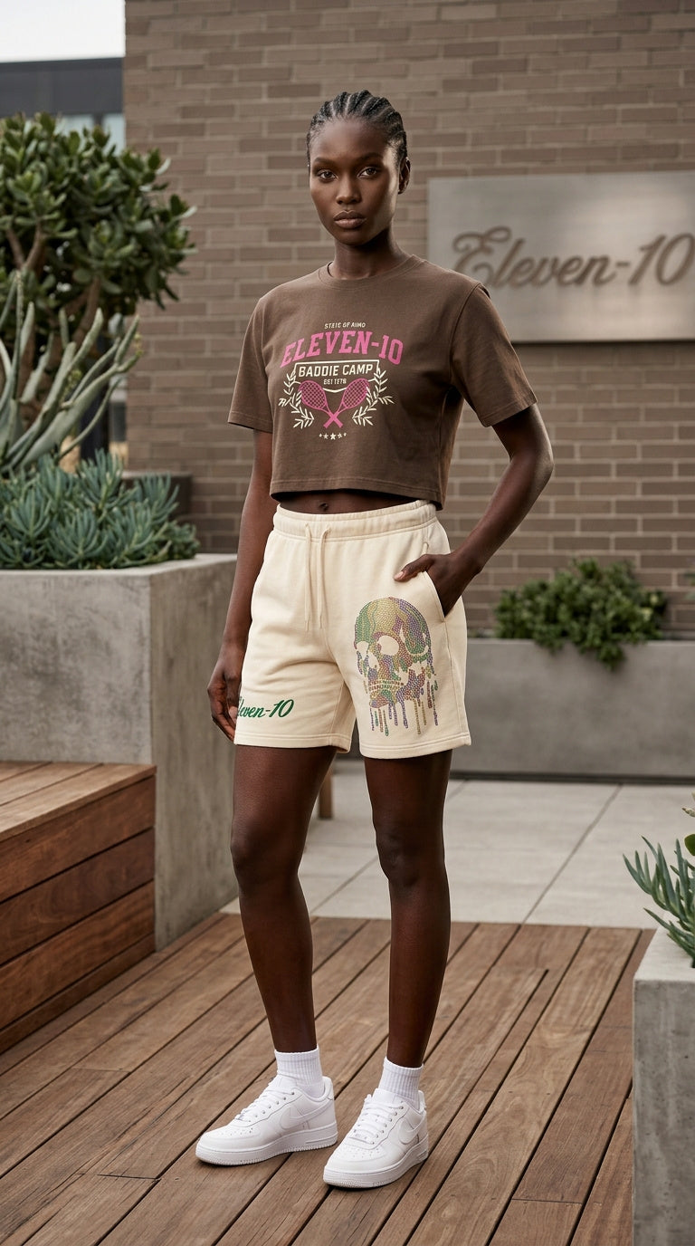 Eleven‑10 Drip Skull Rhinestone Shorts – Cream Edition