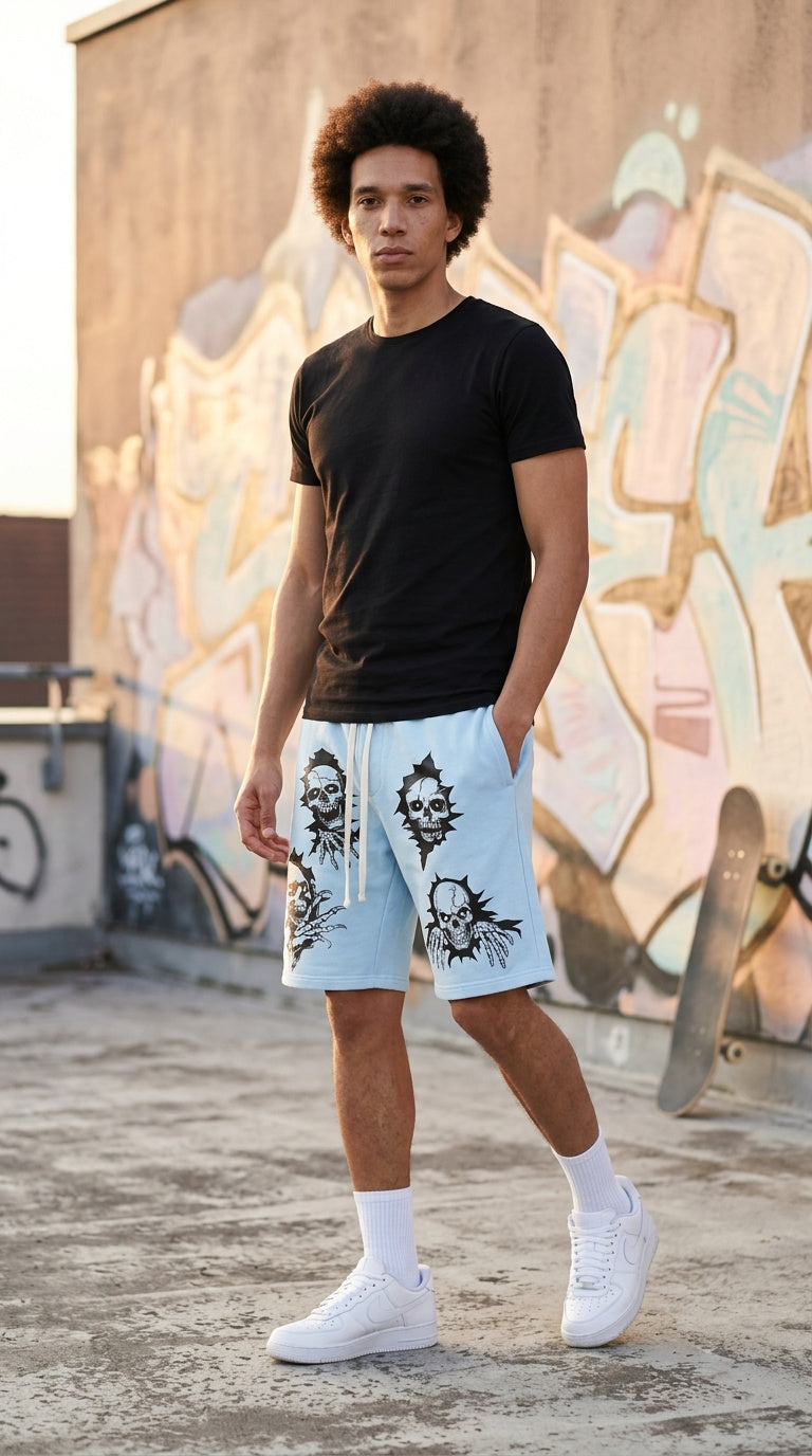 Skull Breakout Graphic Shorts – Ice Blue Edition